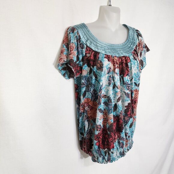 American Rag Cie Women Blouse Top Small Multi Floral Elastic Hem Pullover Keyhol - Picture 4 of 10